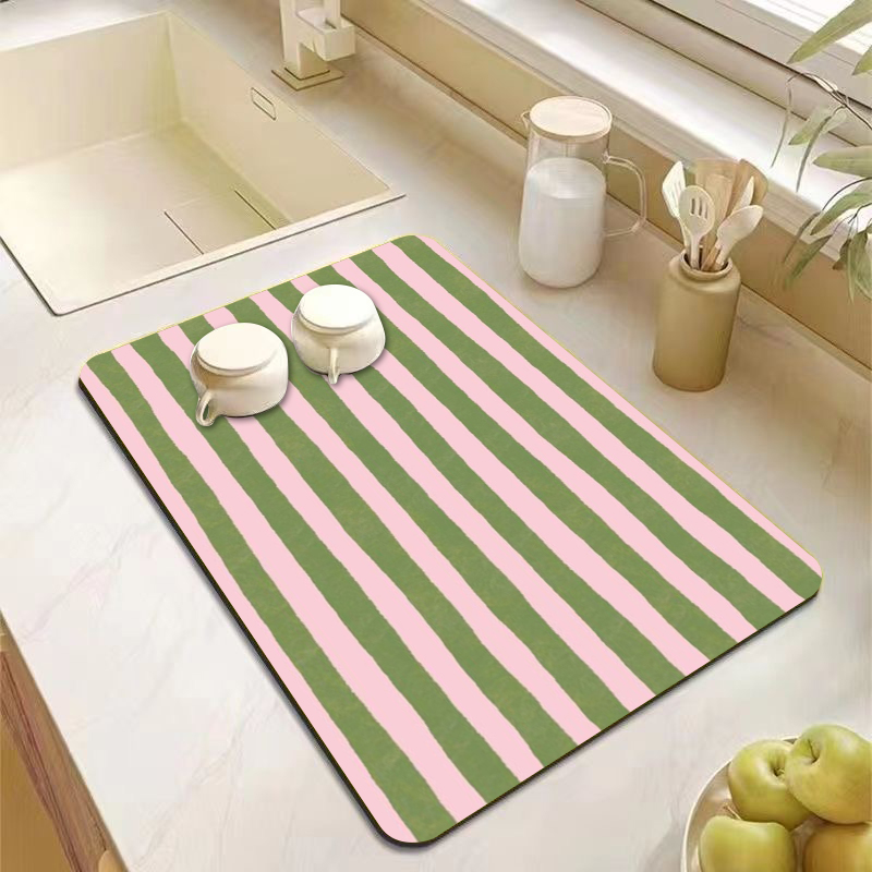 Bar Mat Rubber - Estetik Pembe Yeşil Çizgili Mutfak Tezgahı